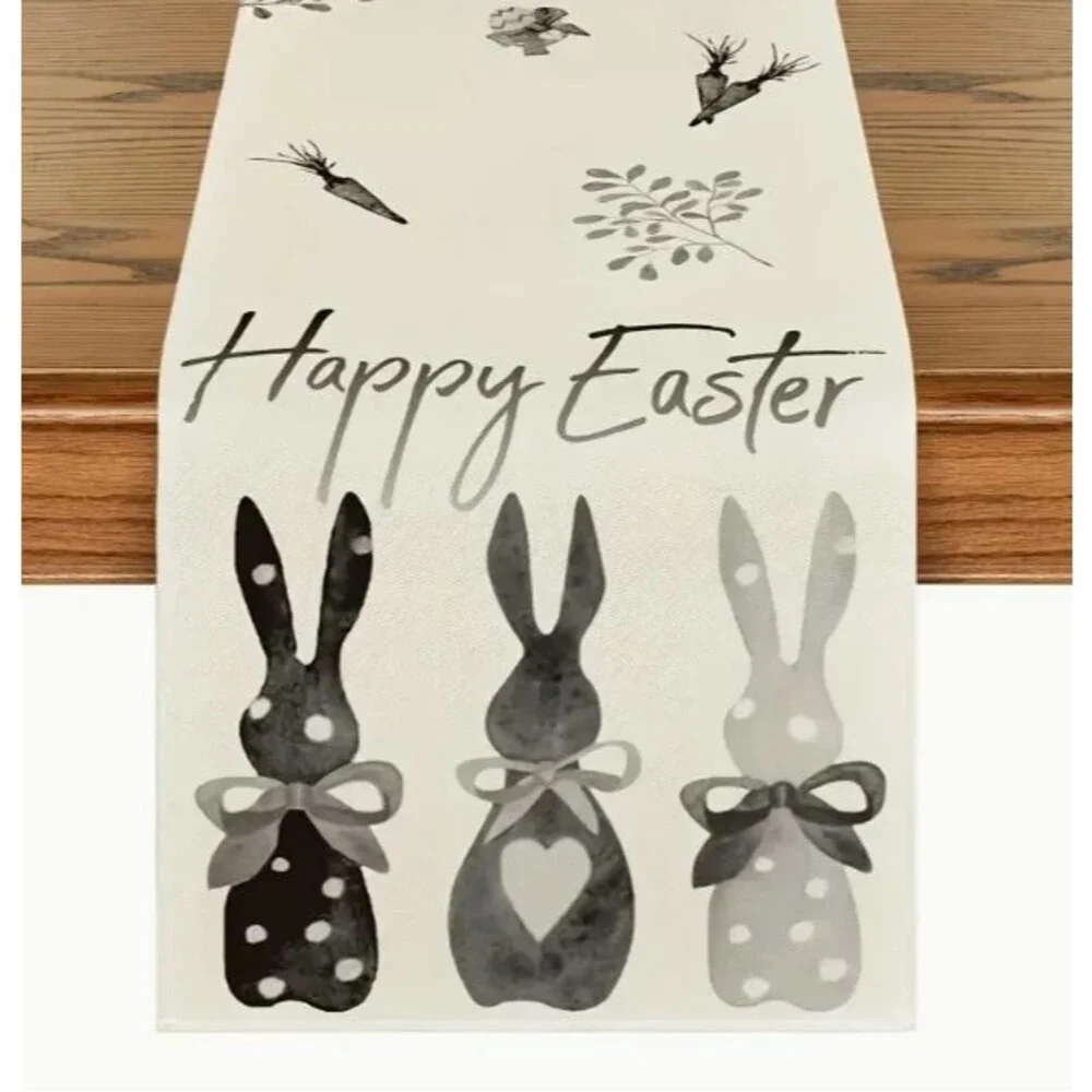 Easter Table Runner 13x72in Woven Polyester Happy Easter Bunnies Black & Gray